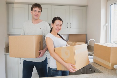 Packing cartons and tape prepared for office or business use in Catford
